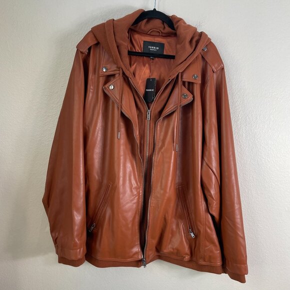 NEW Torrid Womens Plus 6X Cognac Fabric Mix Hooded Moto Faux Leather Jacket - Picture 1 of 15